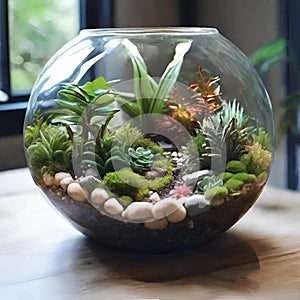 Terrarium jar with little forest and a self ecosystem , Small decoration plants in a glass bowl, Terrarium , terrarium plants