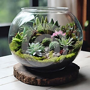 Terrarium jar with little forest and a self ecosystem , Small decoration plants in a glass bowl, Terrarium , terrarium plants