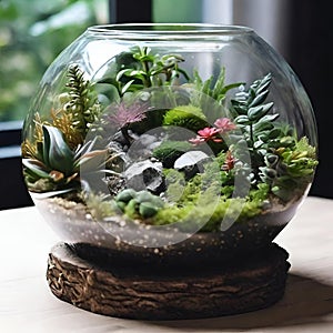 Terrarium jar with little forest and a self ecosystem , Small decoration plants in a glass bowl, Terrarium , terrarium plants