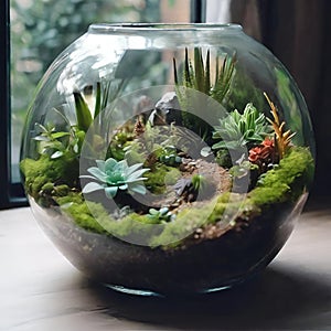 Terrarium jar with little forest and a self ecosystem , Small decoration plants in a glass bowl, Terrarium , terrarium plants