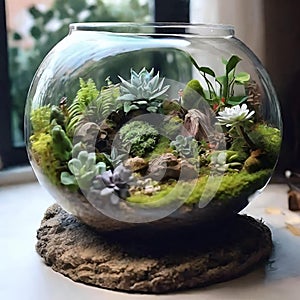 Terrarium jar with little forest and a self ecosystem , Small decoration plants in a glass bowl, Terrarium , terrarium plants