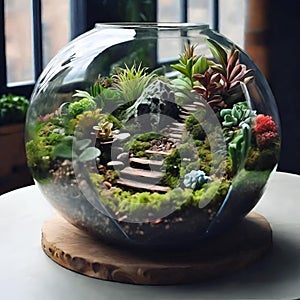 Terrarium jar with little forest and a self ecosystem , Small decoration plants in a glass bowl, Terrarium , terrarium plants