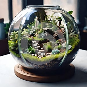 Terrarium jar with little forest and a self ecosystem , Small decoration plants in a glass bowl, Terrarium , terrarium plants