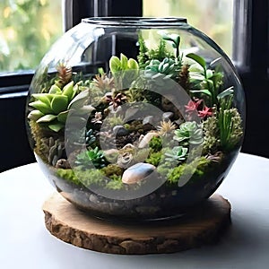 Terrarium jar with little forest and a self ecosystem , Small decoration plants in a glass bowl, Terrarium , terrarium plants