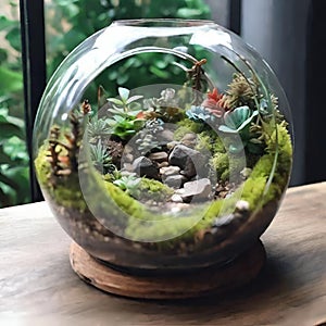 Terrarium jar with little forest and a self ecosystem , Small decoration plants in a glass bowl, Terrarium , terrarium plants