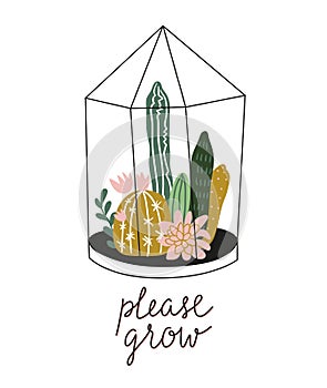 Terrarium with succulents and cacti in scandinavian style with lettering - `please grow`. Vector illustration with home plants.