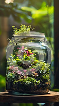 Terrarium with vibrant plants in a glass jar