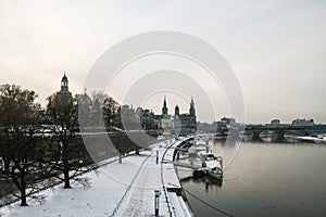 Panorama of the Terrassenufer of Dresden, Germany, in winter, at sunset. photo