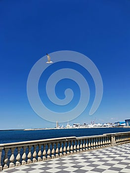 Terrazza Mascagni balustrade with ceramic floor on the seafront of Livorno, Italy