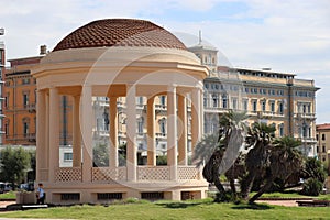 Terrazza Mascagni. A promenade and park area with gazebo on the seafront in Livorno, Tuscany, Italy