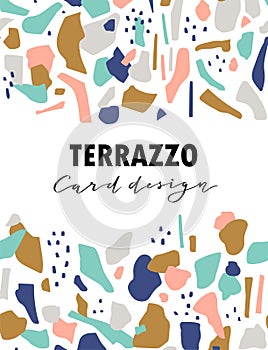 Terrazzo card template. Vector abstract background with chaotic stains. Vector illustration.