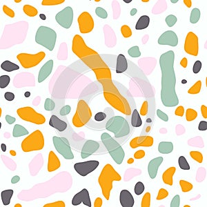 Terrazzo floor covering seamless pattern in mint, yellow, grey colors. Vector background