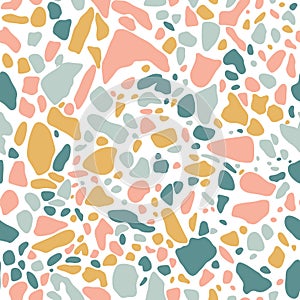 Terrazzo floor covering seamless pattern in mint, yellow, pink colors. Vector background