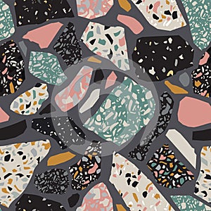 Terrazzo flooring imitation seamless pattern. Abstract geometric shapes background