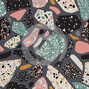 Terrazzo flooring imitation seamless pattern. Abstract geometric shapes background photo