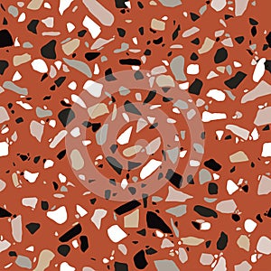 Terrazzo flooring seamless texture. Red, white and black polished pebble, stone tile. Abstract pattern, vector background.