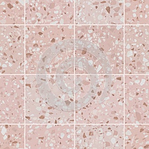 Terrazzo flooring texture. Realistic seamless pattern with pink marble tiles