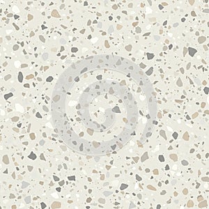Terrazzo pattern featuring an array of irregular, multi-colored stone chips in beige,