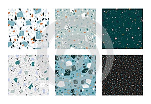 Terrazzo pattern. Seamless Italian concrete textures with granite stone pieces. Abstract marble rock tiles set. Decorative mosaic