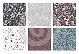 Terrazzo patterns. Set of 6 seamless terrazzo texture patterns. Colorful and trendy abstract backgrounds.