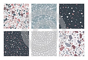 Terrazzo patterns. Set of 6 seamless terrazzo texture patterns. Colorful and trendy abstract backgrounds.