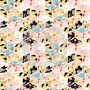 Terrazzo seamless pattern design with hand drawn rocks with honeycomb pattern. Abstract modern background, flat vector