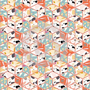 Terrazzo seamless pattern design with hand drawn rocks with honeycomb pattern. Abstract modern background, flat vector