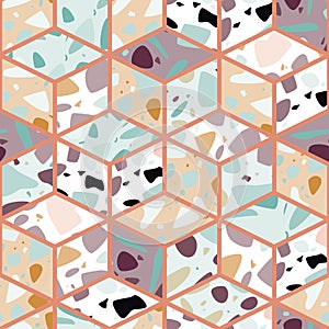 Terrazzo seamless pattern design with hand drawn rocks with honeycomb pattern. Abstract modern background, flat vector