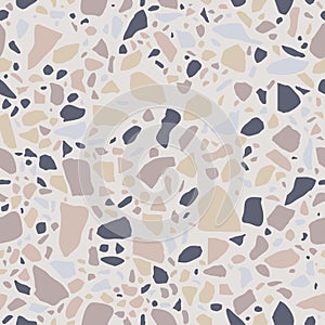 Terrazzo seamless pattern. Marble flooring in pastel colors. Polished rock surface. White background with colored stones.