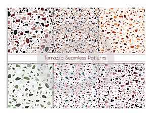 Terrazzo seamless pattern vector illustration set, marble mosaic stone texture for floor or wall, classic flooring