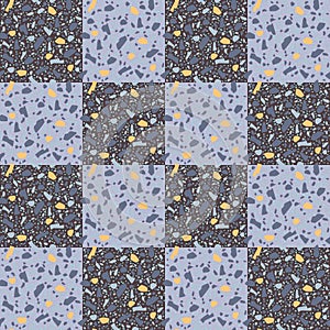 Terrazzo texture vector checkered seamless pattern. Natural color. Geometric shape marble, stone, granite, glass on dark brown and