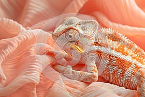 A terrestrial animal, the orange reptile is laying on a peach blanket