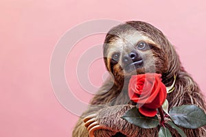 Terrestrial animal, Threetoed sloth, holding red rose in snout. Valentines Day. Copy Space photo