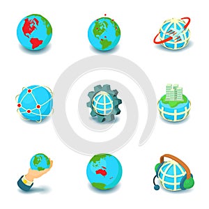 Terrestrial globe icons set, cartoon style