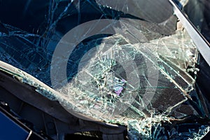 Terrible dangerous car after a fatal accident. Broken windshield