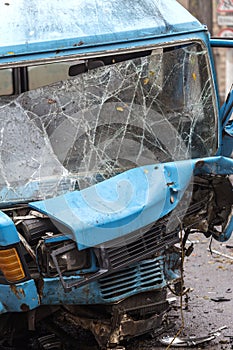 Terrible dangerous car after a fatal accident. Broken windshield