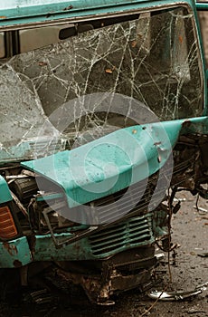 Terrible dangerous car after a fatal accident. Broken windshield