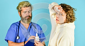 Terrible headache. doctor and patient meeting at hospital. healthcare professionals. Healthcare and Medical. Doctor and
