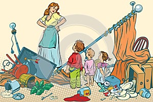 Terrible mother and the kids made a mess at home photo