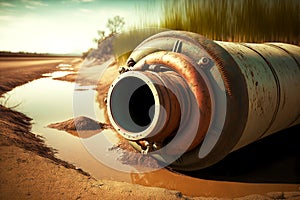 terrible pipe for discharge of sewage poisoned water in reservoirs of planet