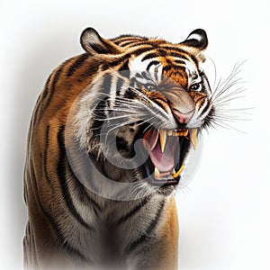 Terrible tiger is angry, growls baring huge fangs, isolated on white, close-up.