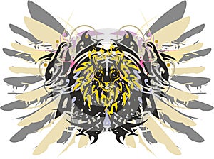 Abstract butterfly wings with feathers and lion head element