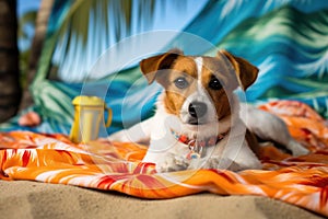 a terrier dog in a hawaiian shirt lounging on a beach towel