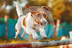 Terrier dog jumping over obstacle while doing agility sport
