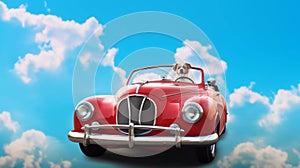 Terrier dog in red convertible car with blue cloudy sky