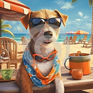 Terrier dog wearing funny glasses on summer vacation at seaside resort and relaxing vacation on summer beach.