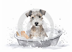 Terrier Puppy Dog in Bathtub Watercolor Painting