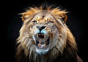 Terrified Lion Roars in Dark Portrait