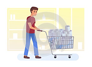 Terrified man with full cart buying toilet paper