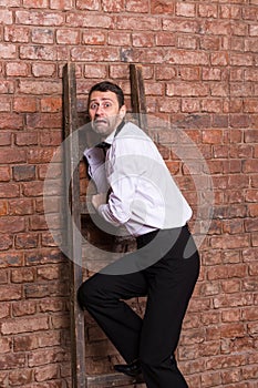 Terrified man trapped at the top of a ladder